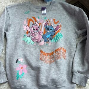 Disney Gray Sweatshirt with Cartoon Characters Stitch & Angel